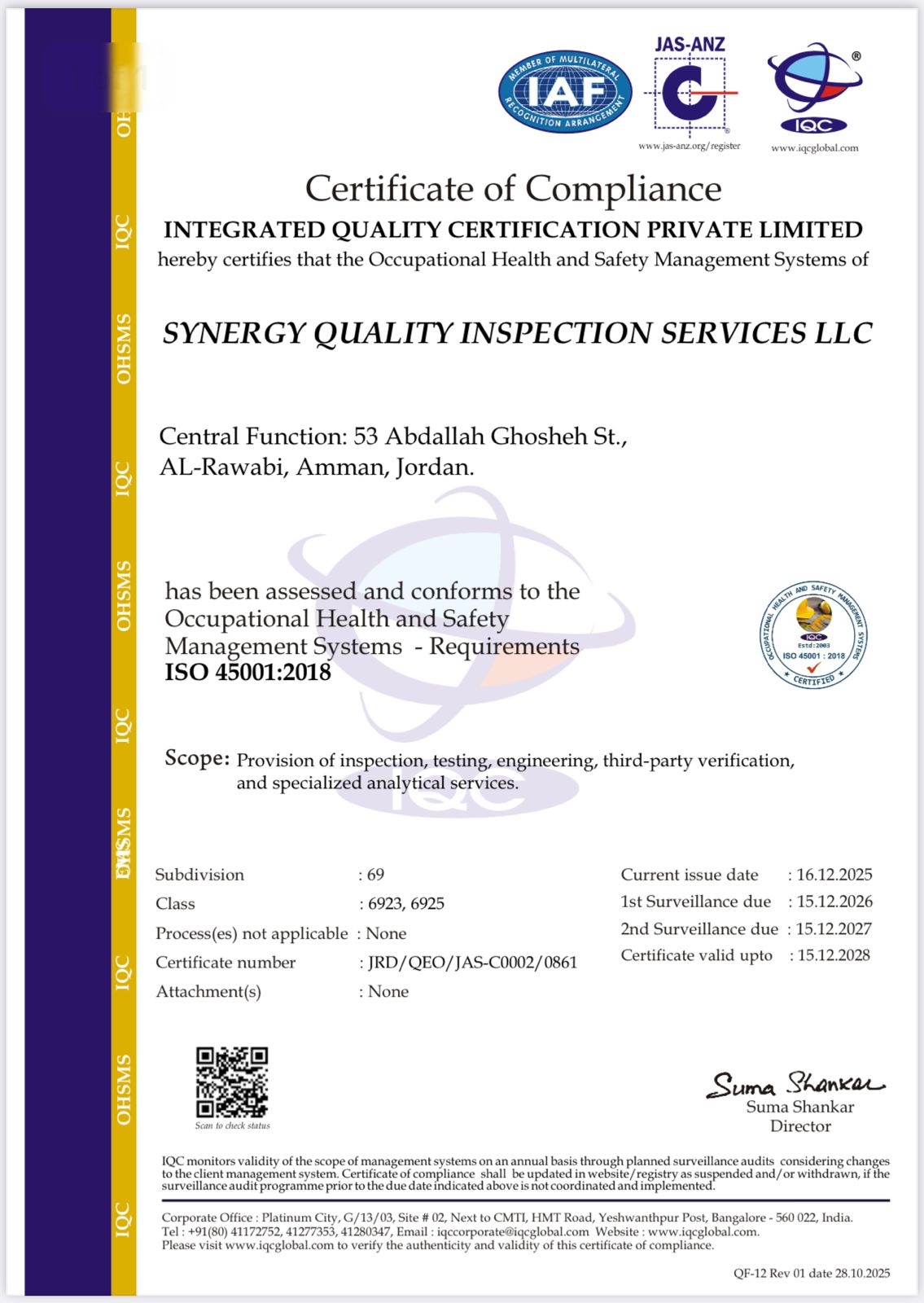 ISO 45001 CERTIFICATE OHSMS